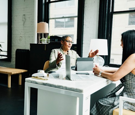 Female financial advisor in discussion with mature female business owner at desk in office